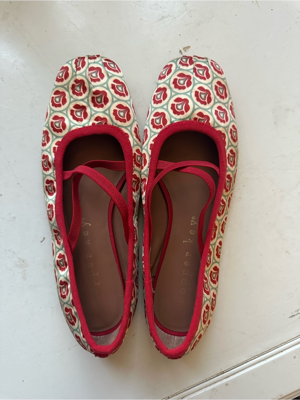 Copper Key Red Floral Ballet Flats with Cross Straps